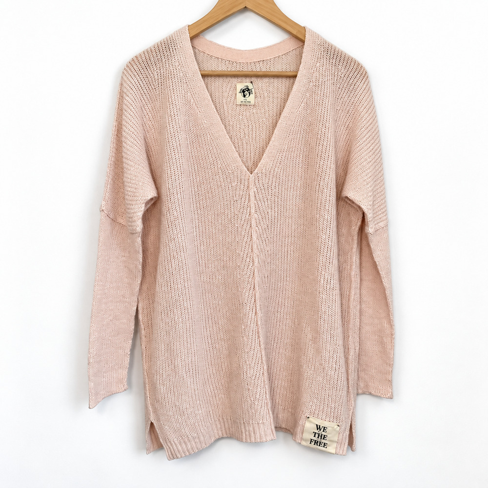 Free People Jamie 100% Linen V-Neck Sweater Small Starfish Coastal Overlay